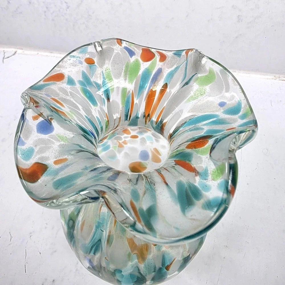 Vintage Hand Blown Murano Style Confetti Ruffled Fluted‎ Vase 4.5
